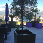 Bacs à plantes carrés sur une terrasse en Corse